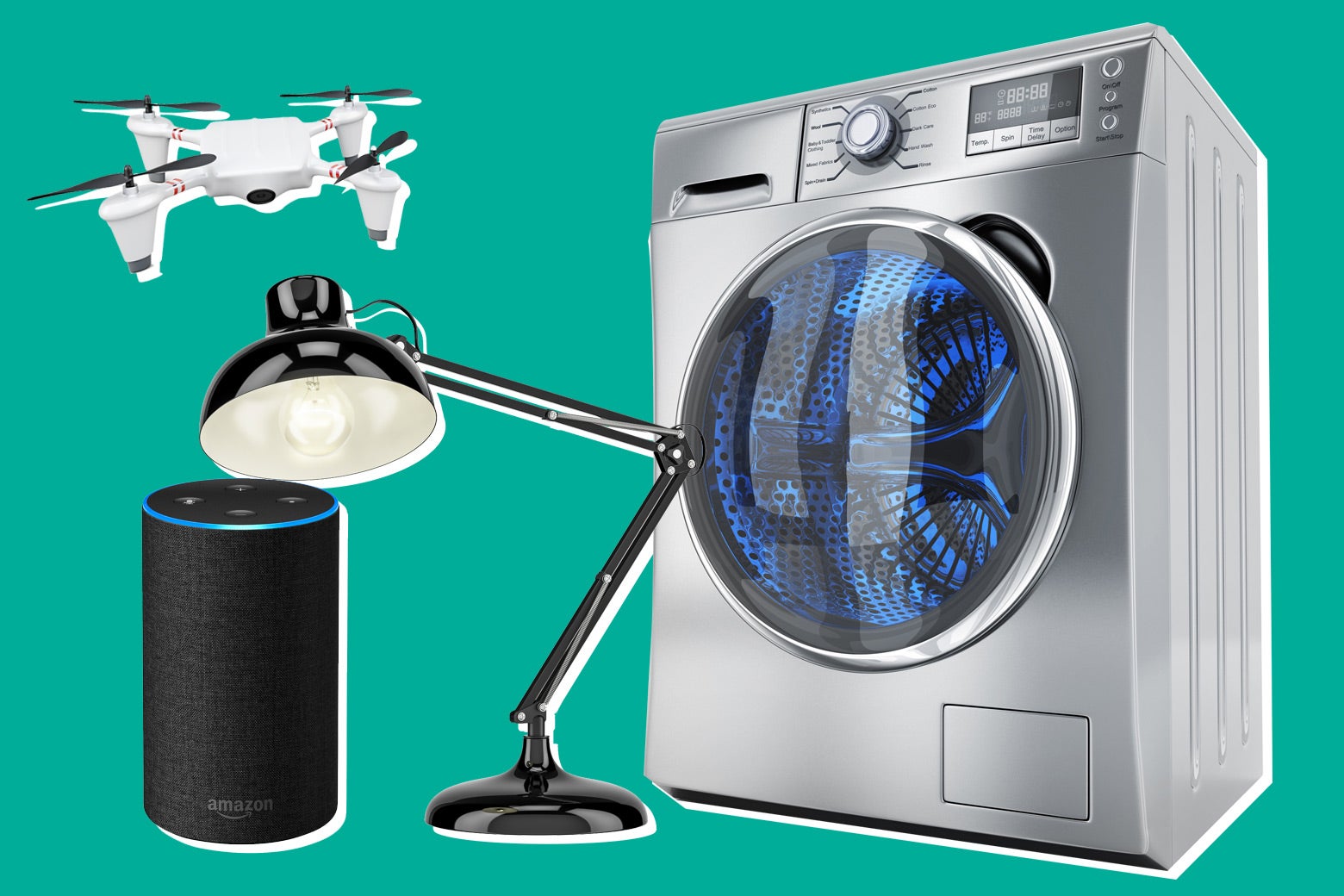 Photo illustration: an Amazon Echo, a drone, an office lamp, and a washing machine.