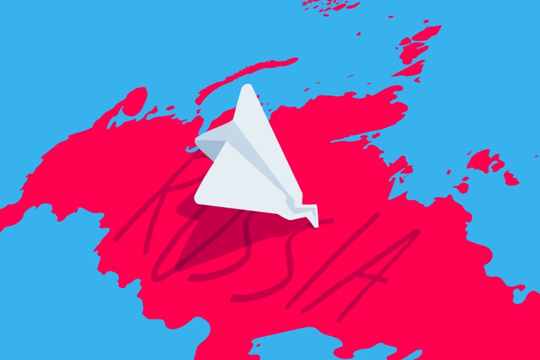 Telegram App logo crashing into Russia.