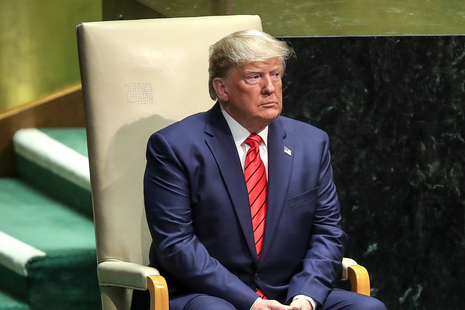 Donald Trump waits to take the stage to speak at the United Nations General Assembly.