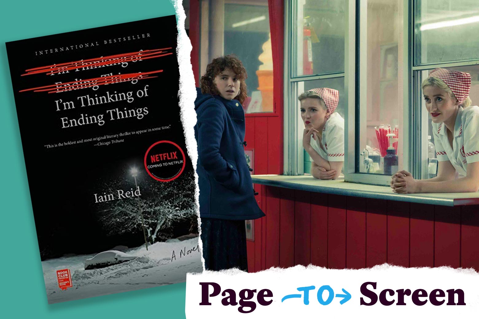 The book cover of I'm Thinking of Ending Things, and a scene from the film, with the Page to Screen tearaway