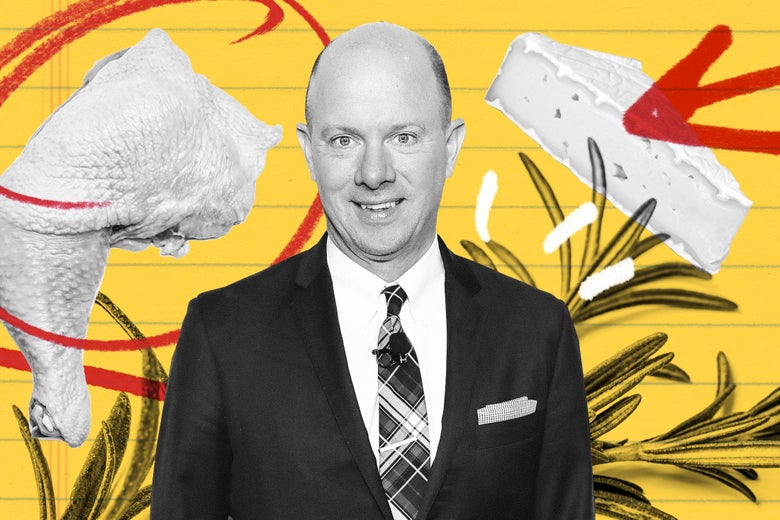 Photo collage of Sam Sifton with a slice of brie and a chicken thigh.