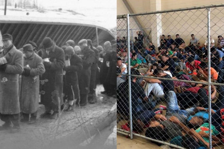 Jewish prisoners are issued food on a building site at Salaspils concentration camp in Latvia in 1941; overcrowding of migrant families observed on June 10 at a Border Patrol station in McAllen, Texas.