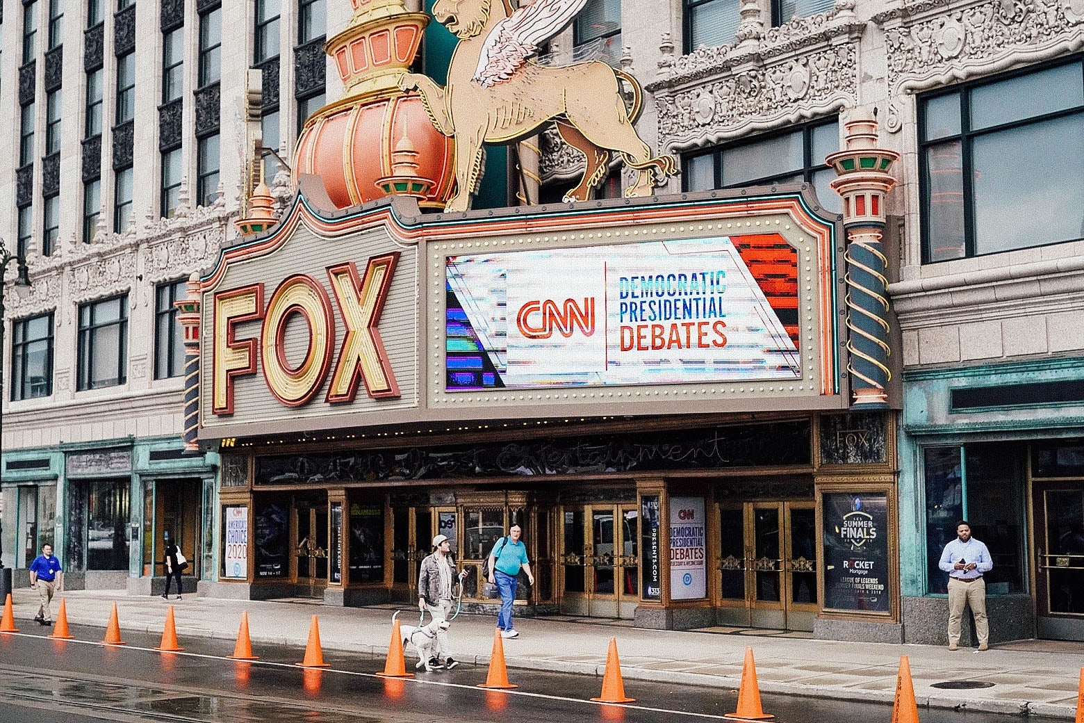 Fox Theatre in Detroit with the marquee advertising the debates.