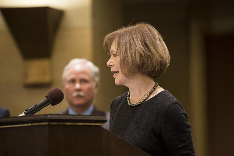 ST. PAUL, MN - DECEMBER 13: Minnesota Lt. Governor Tina Smith speaks after being named the replacement to Sen. Al Franken by Governor Mark Dayton on December 13, 2017 at the Minnesota State Capitol in St. Paul, Minnesota. Franken resigned last week after multiple allegations of sexual harassment. (Photo by Stephen Maturen/Getty Images)
