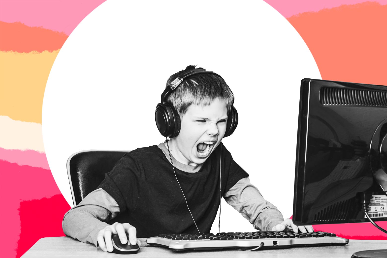 A kid with headphones on yelling at a computer screen.