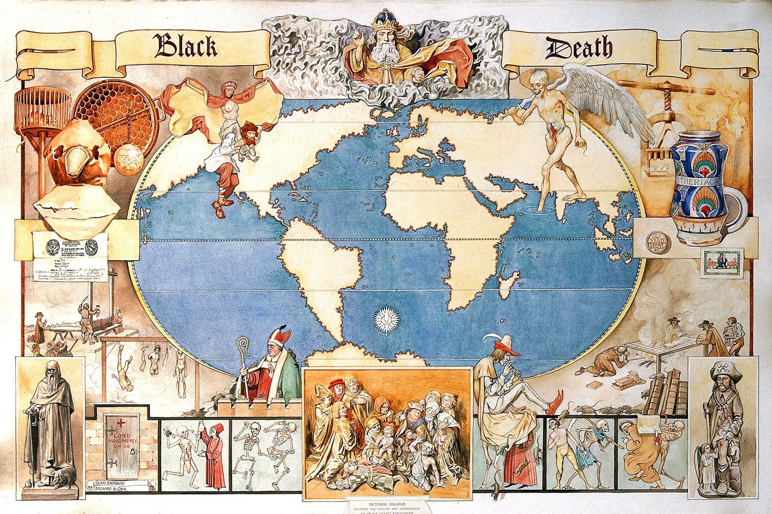 "The Black Death, map of the world, with vignettes." Undated watercolor by Monro S. Orr, who lived from 1874-1955.