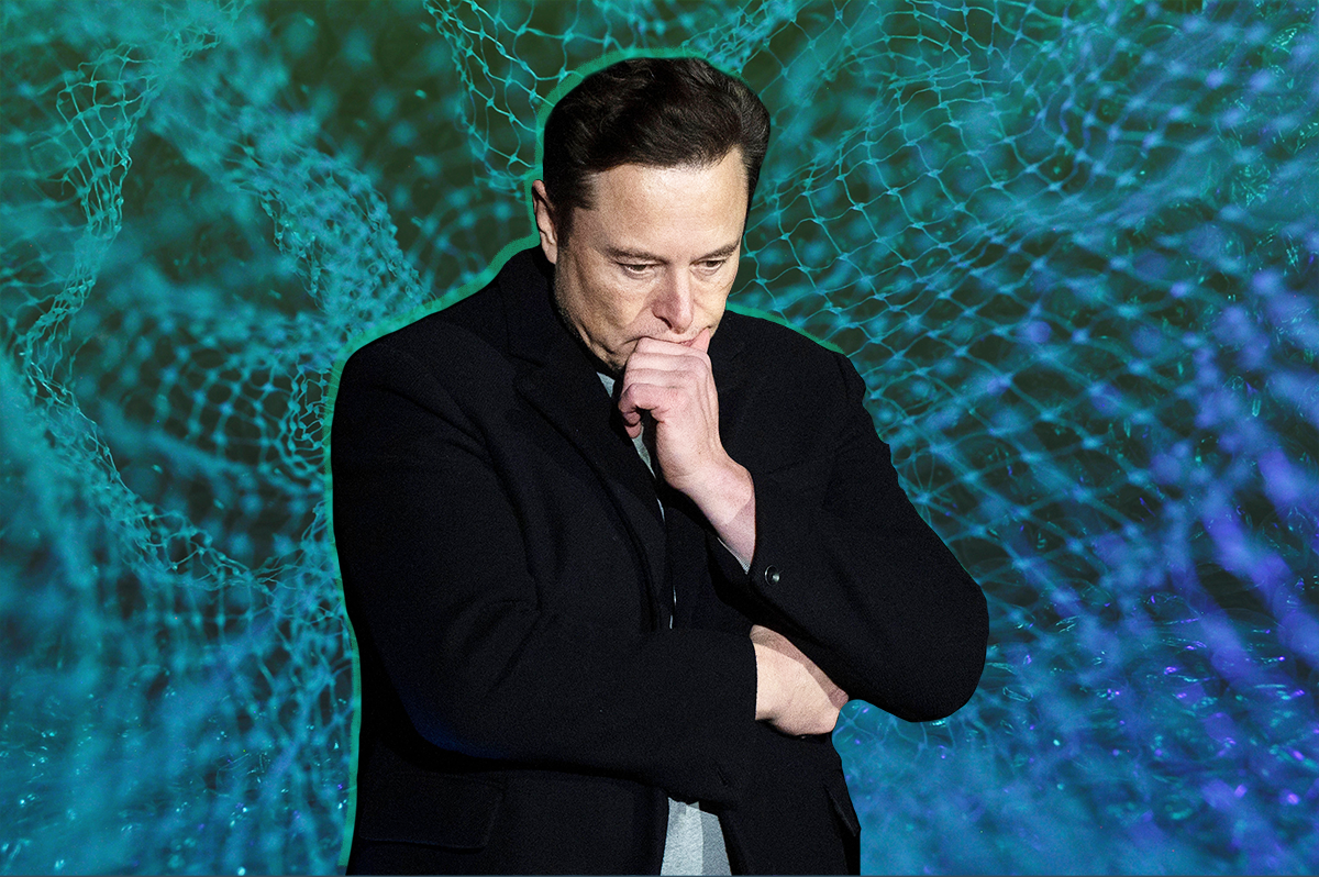 Elon Musk in front of a trippy background.