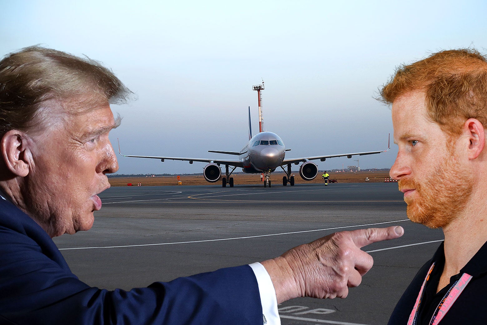 Donald Trump points angrily in Prince Harry's face; behind them is an airport and airplane. 
