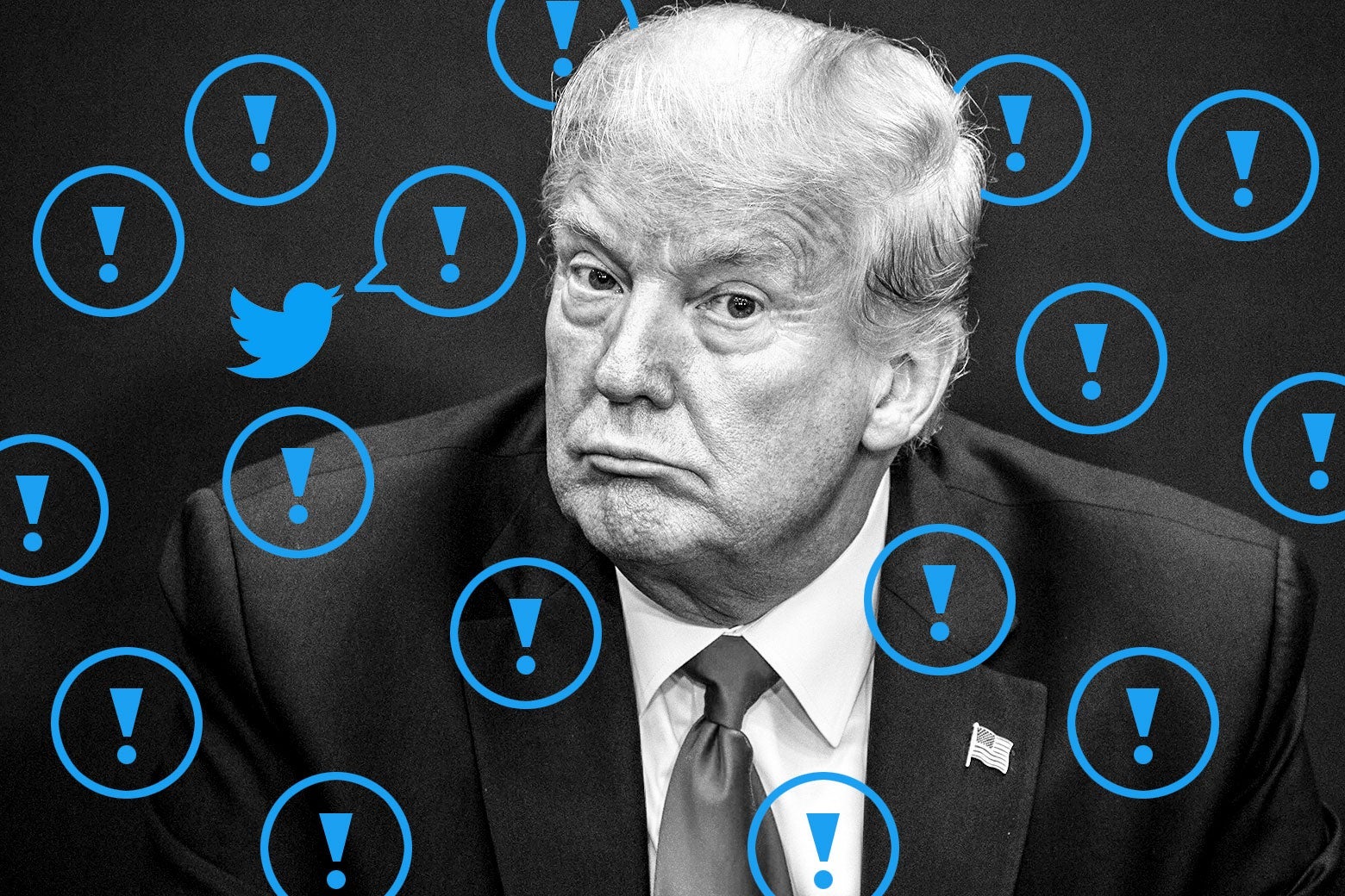 Donald Trump with a blue Twitter logo and blue exclamation marks on top of his photo.