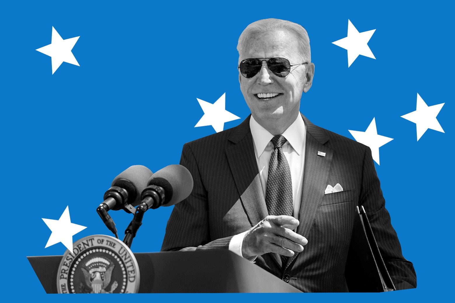 Biden wearing sunglasses and smiling over a background of stars
