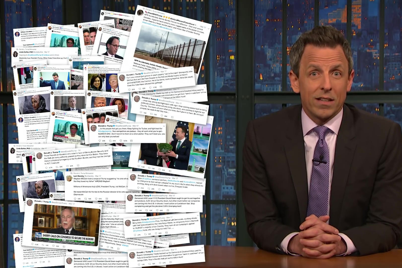 Seth Meyers in front of a graphic of Donald Trump's horrible tweets.