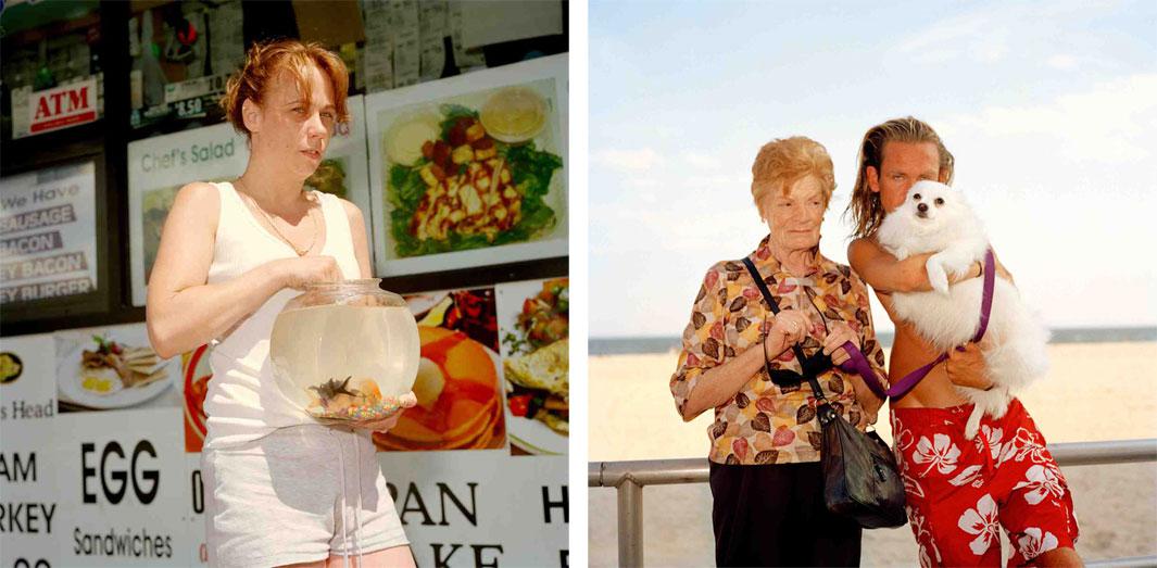 Left: Fishbowl, 2006. I photographed this young woman in front of Pickles and Pies, the corner deli in the neighborhood she was moving into with her mother. She was transferring her fish from the bowl to a tank in the new apartment. Right: Bryan and Bernadette, 2008. I took this photograph while spending time with Bryan and some of his friends on the boardwalk. I asked the woman, Bernadette, if she would let me photograph her with Bryan. Later I found out that Bryan had died in his sleep of a drug overdose.