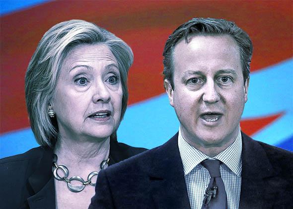Democratic Presidential Candidate Hillary Clinton in Iowa, left, and British Prime Minister David Cameron in Glasgow.