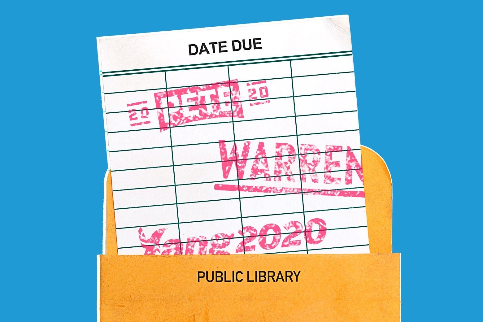 A library due date slip stamped with Democratic campaign logos.