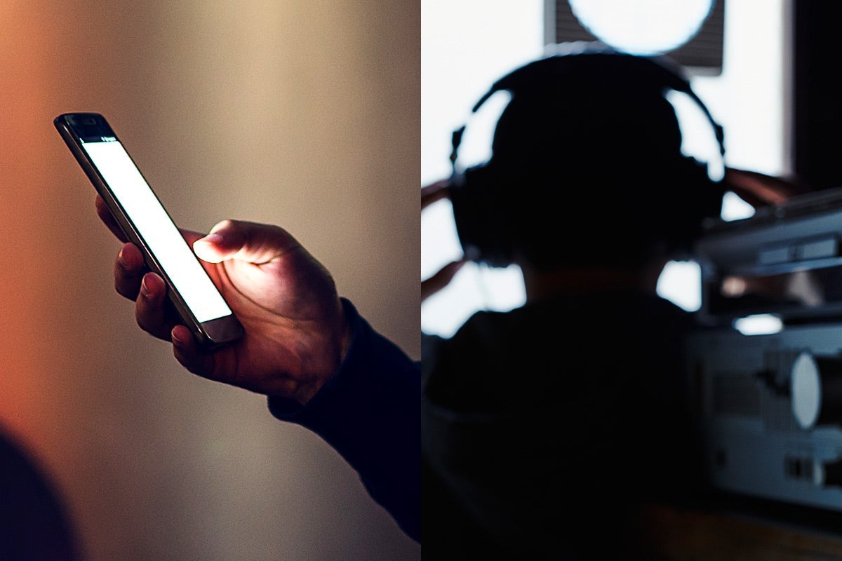 Diptych of a hand holding a smartphone and a person in a dark room with headphones on, listening to phone calls.