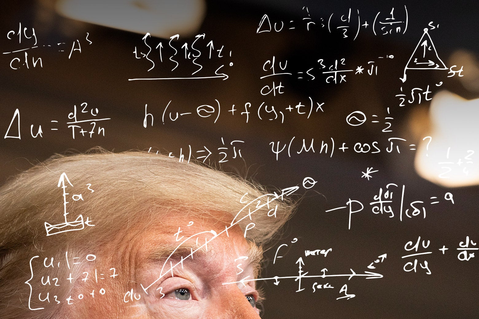 An image of Donald Trump's face superimposed with hand-written math equations and calculations.
