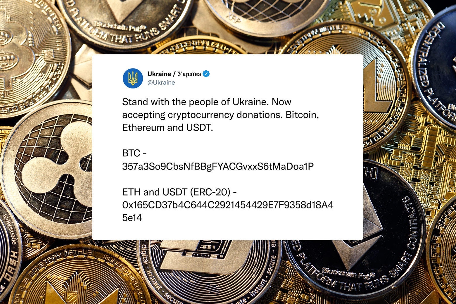 A tweet from the Ukraine asking for cryptocurreny donations on top of a backdrop of crypto coins.
