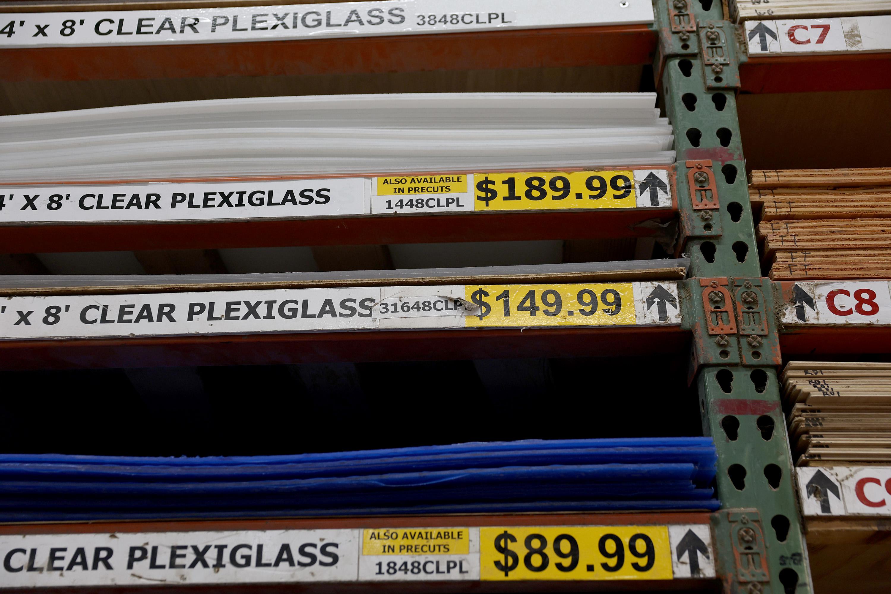 Prices are marked for clear plexiglass at the Shell Lumber and Hardware home improvement store on February 10, 2022 in Miami, Florida. The Labor Department announced that consumer prices jumped 7.5% last month compared with 12 months earlier, the steepest year-over-year increase since February 1982.  (Photo by Joe Raedle/Getty Images)