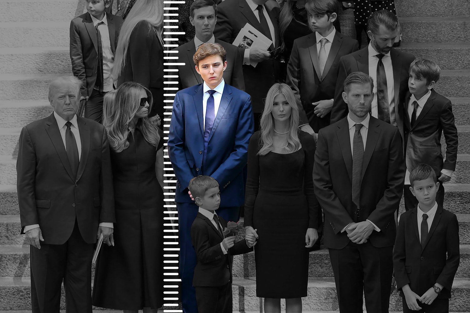 Barron Trump standing with the Trump family in a blue suit with a height measurement to show he is very tall. 