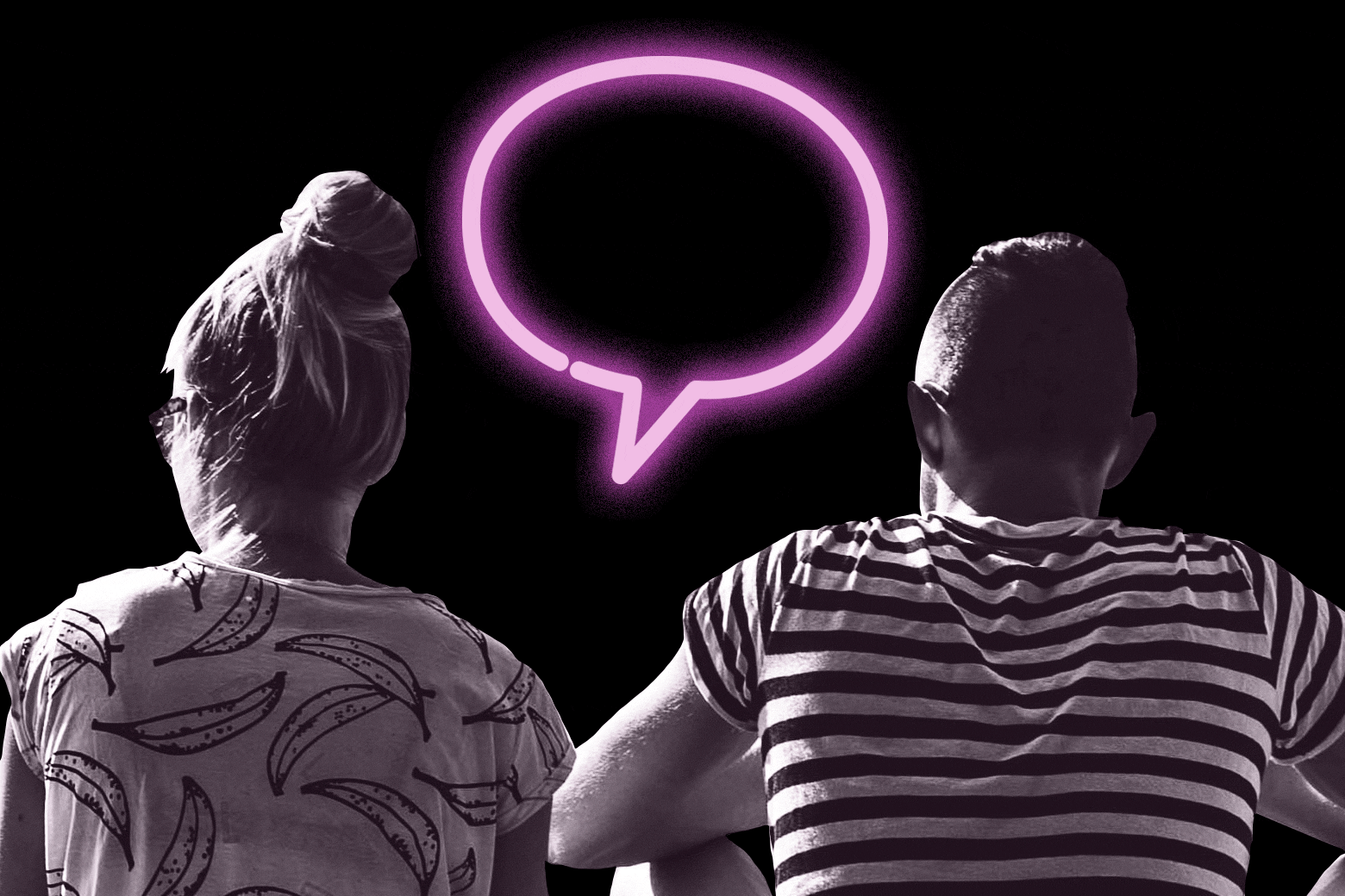 A couple sitting side by side, not talking, with an empty neon speech bubble between them.