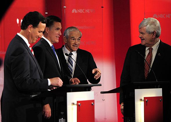 Rick Santorum (L), Mitt Romney (2L), Newt Gingrich (R) and Ron Paul (2R) take part in The Republican Presidential Debate.