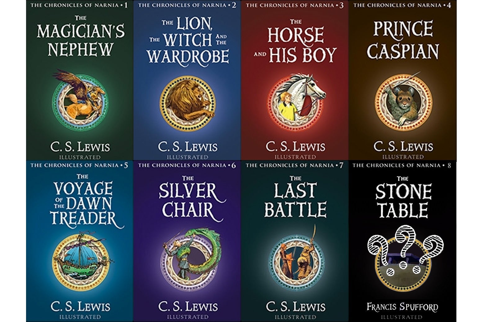 The seven original book covers of The Chronicles of Narnia, plus a mockup of a cover for an eighth, titled The Stone Table, by Francis Spufford.