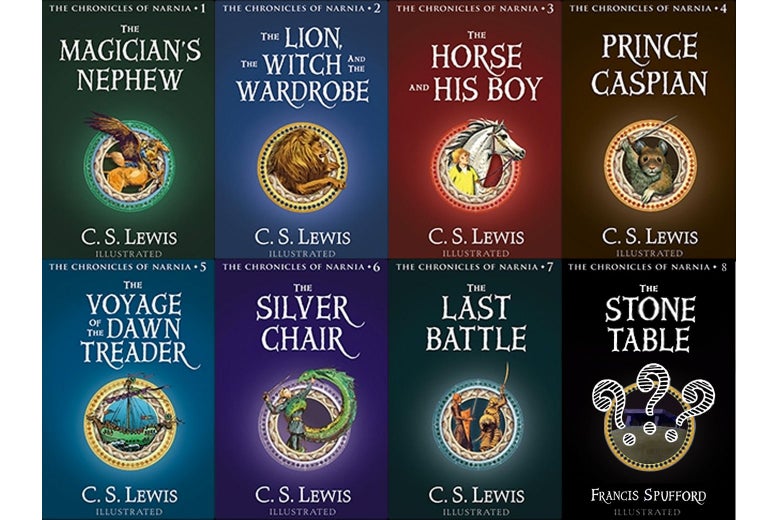 The seven original book covers of The Chronicles of Narnia, plus a mockup of a cover for an eighth, titled The Stone Table, by Francis Spufford.
