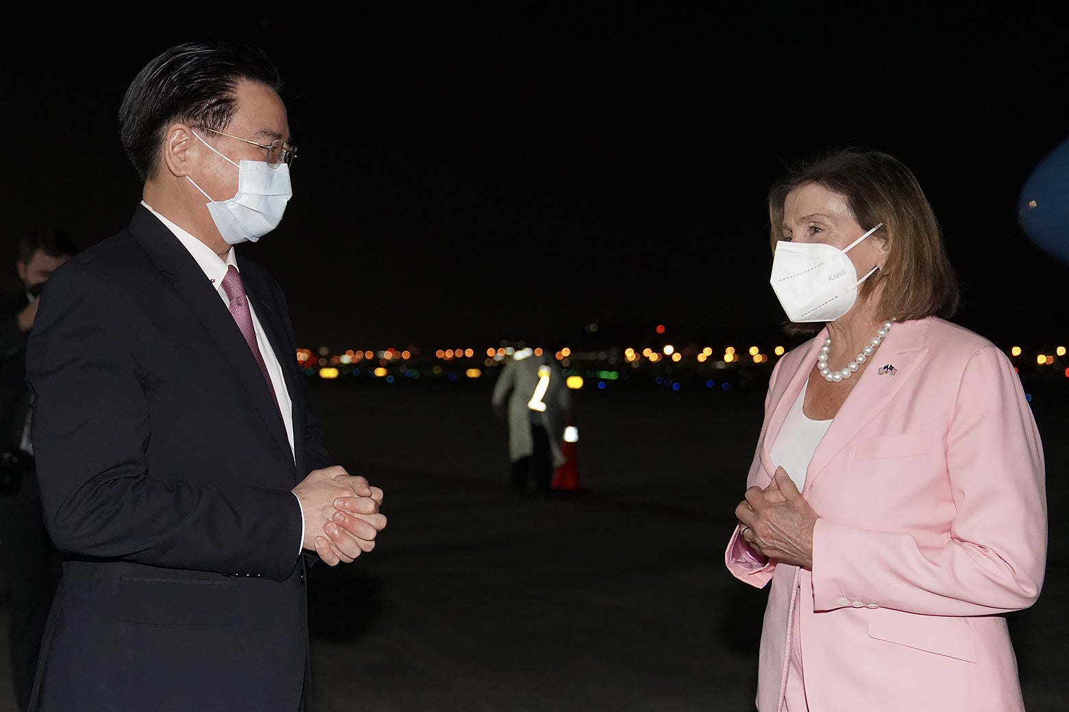 Nancy Pelosi being welcomed by Taiwanese Foreign Minister Joseph Wu after landing at Songshan Airport in Taipei, Taiwan.