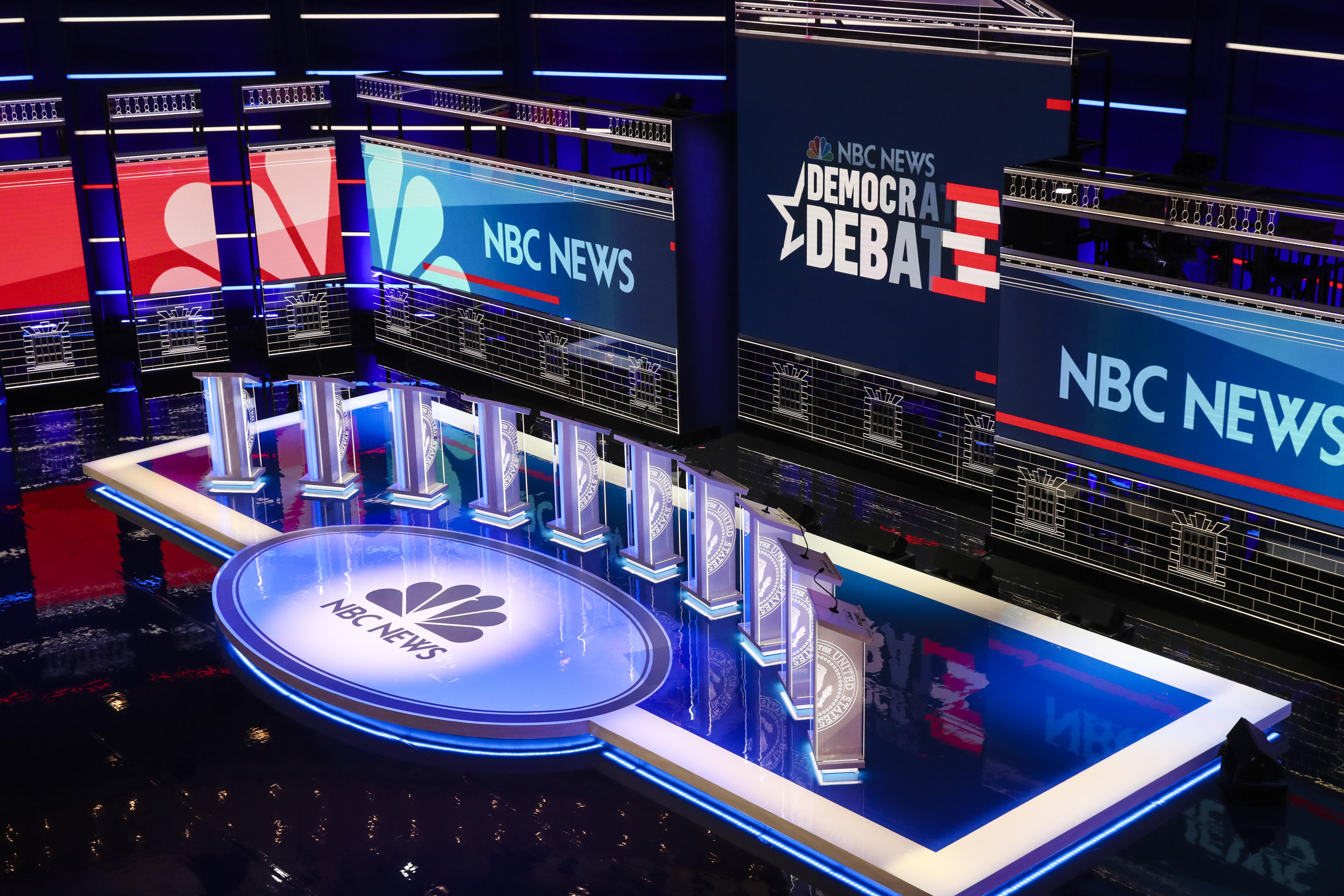 The empty stage boasting the NBC News logo that will soon host the candidates in the first DNC presidential debate. 