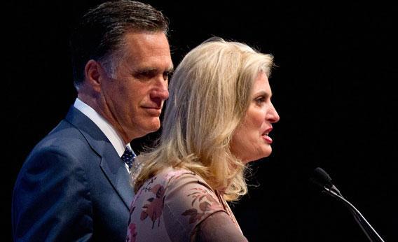Republican presidential candidate and former Massachusetts Governor Mitt Romney (L) and his wife, Ann Romney, speak during the NRA's Celebration of American Values Leadership Forum at the NRA Annual Meetings and Exhibits April 13, 2012