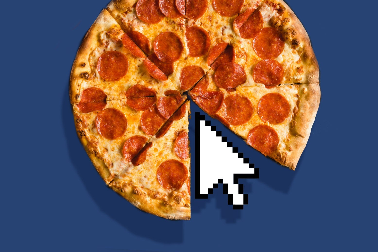 Photo illustration of pepperoni pizza, with a mouse cursor replacing one slice of pizza.