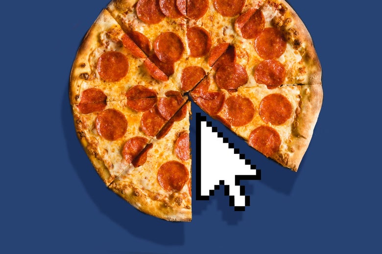 Photo illustration of pepperoni pizza, with a mouse cursor replacing one slice of pizza.