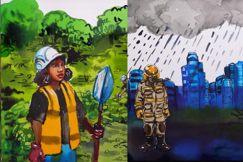 Screengrabs of two images from the video: On the left, a woman of color stands while wearing a hard hat and holding a tool in a lush green landscape. On the right, an industrialized shadowy figure stands in a bleak rainstorm.