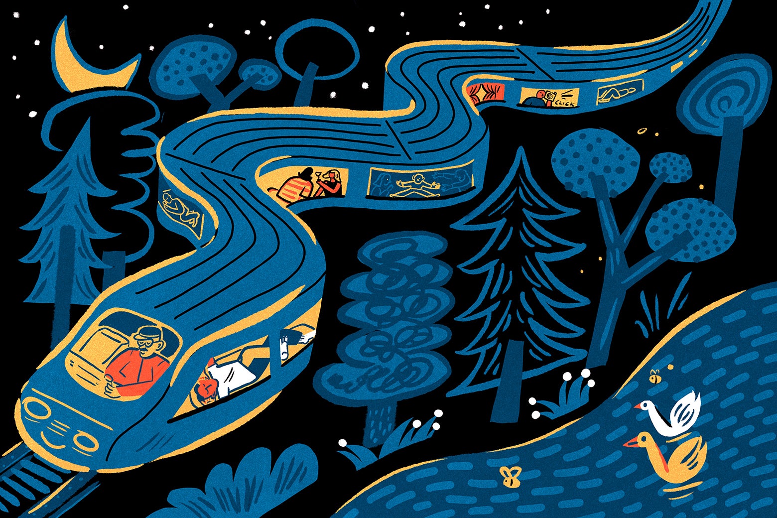 A train snakes through a blue-and-black nighttime landscape of forests and a lake with ducks.