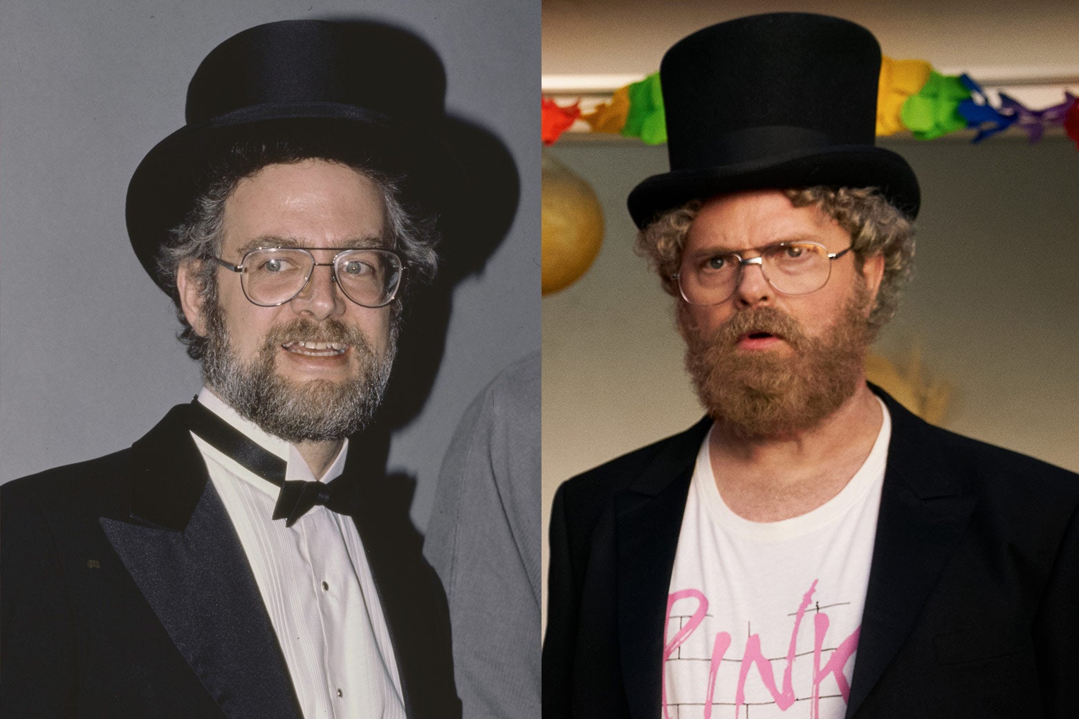 Both men wear top hats, sport large glasses, and have thick beards. Hansen wears a bow tie and dress shirt under his tuxedo jacket, whereas Wilson wears a shirt with the word "Pink" visible in the Pink Floyd font under his tuxedo jacket.