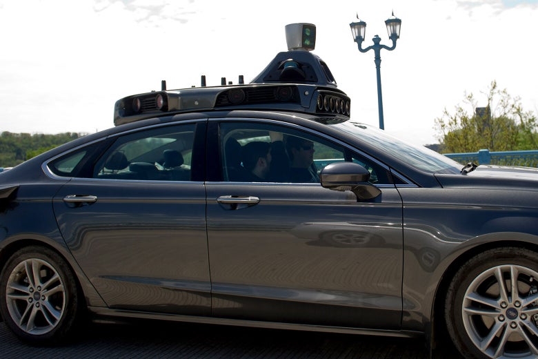 An Uber automated vehicle taking a test-drive on the 31st Street Bridge in Pittsburgh.