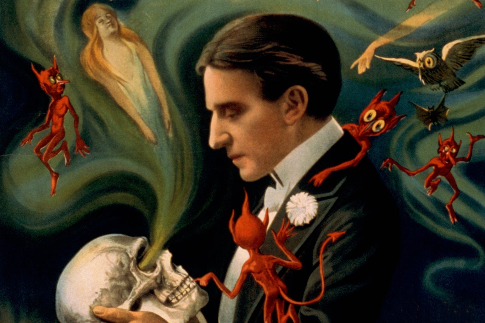 An illustration from a 1910s advertisement for a magician, staring into a skull he is holding, as ghosts fly from the eye sockets.