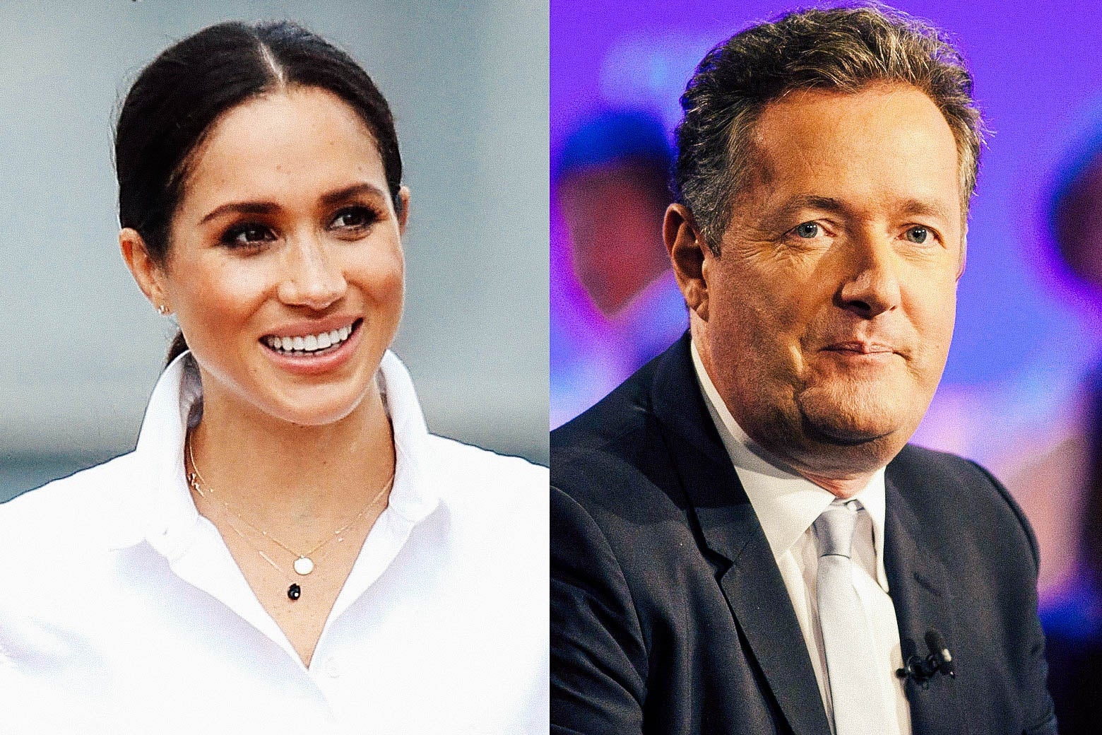 Meghan Markle on the left smiling and Piers Morgan on the right looking at the camera.