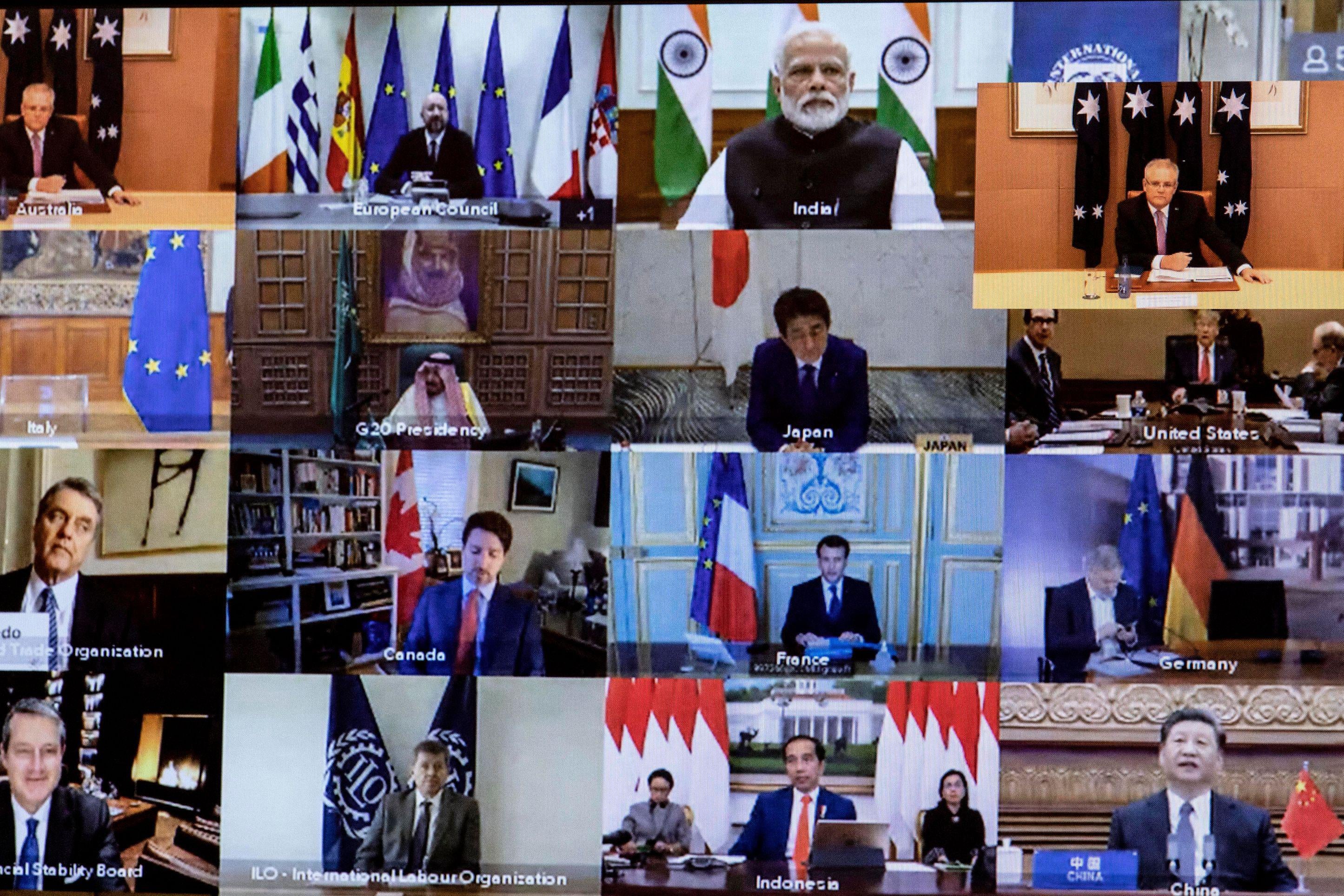 Video conference squares show world leaders in front of their countries' flags.