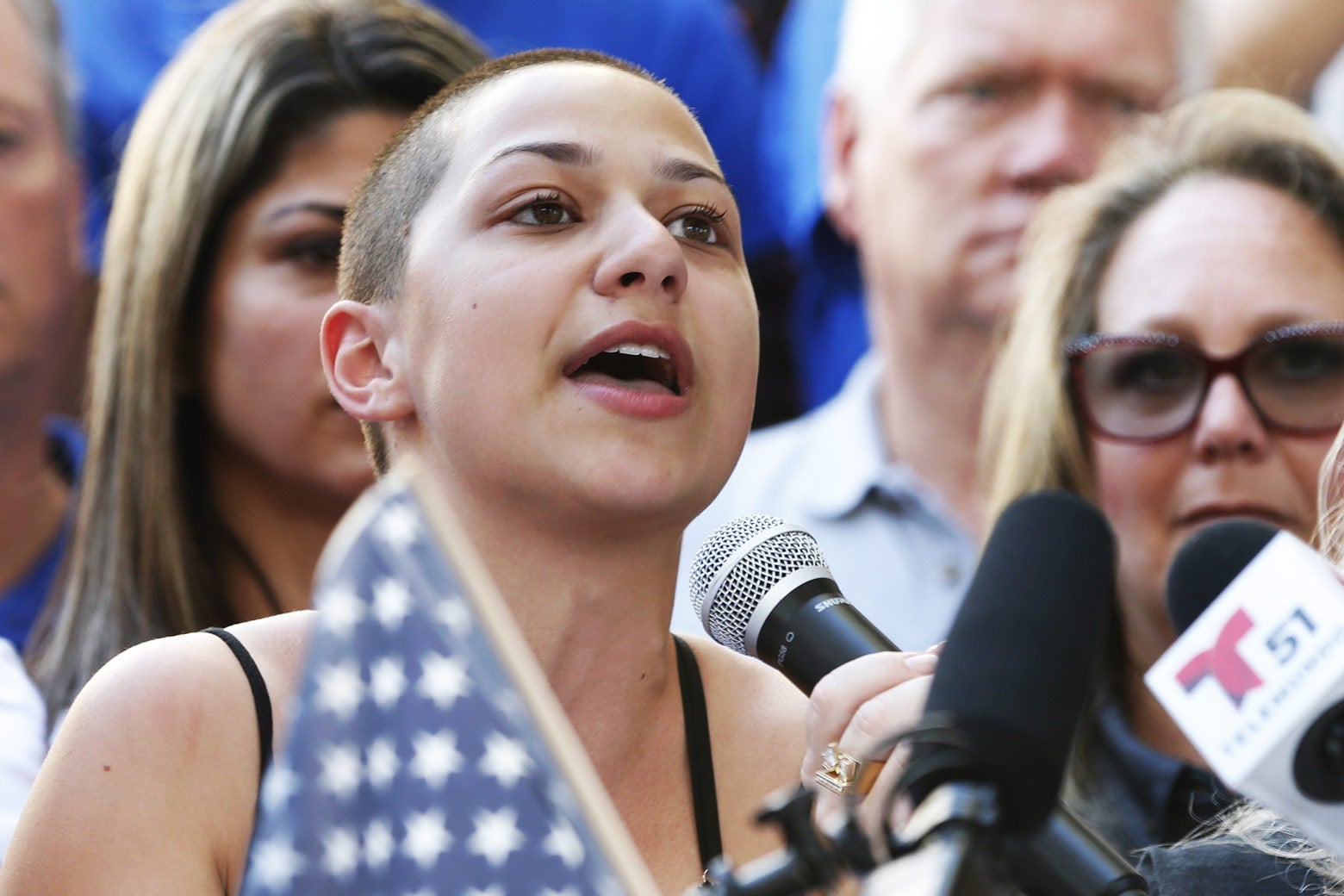 Marjory Stoneman Douglas High School student Emma Gonzalez speaks at a rally for gun control at the Broward County Federal Courthouse in Fort Lauderdale, Florida, on Saturday.