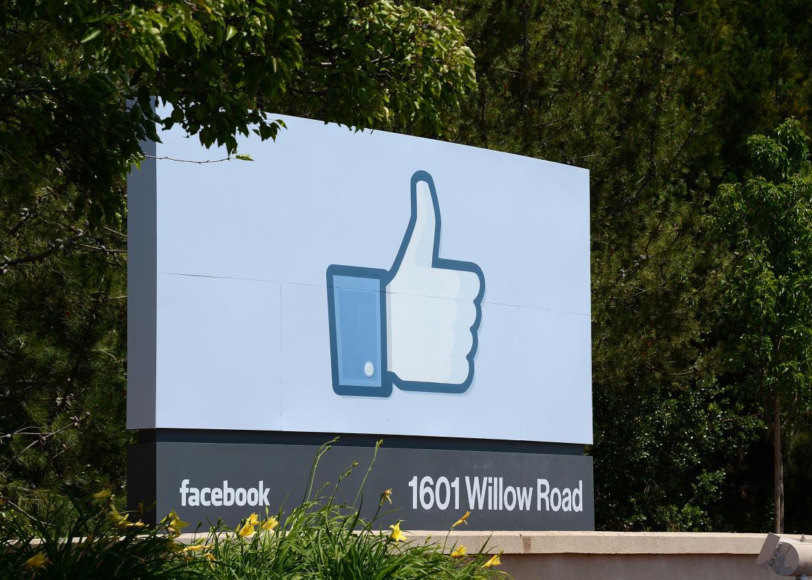 The sign at the entrance to the Facebook main campus