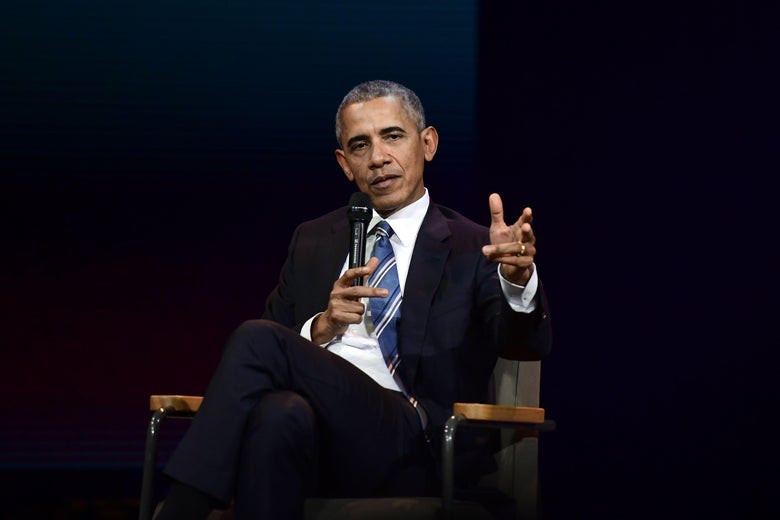 Former President Barack Obama speaks event in Paris in 2017.