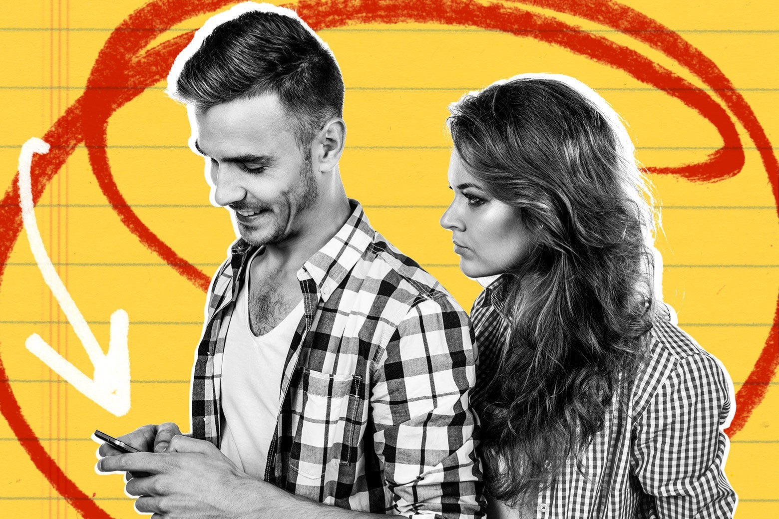 A man looking at his phone smiling and a woman glaring at him