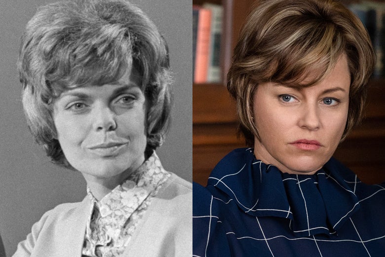 Side-by-side photos of Jill Ruckelshaus and Elizabeth Banks as Ruckelshaus