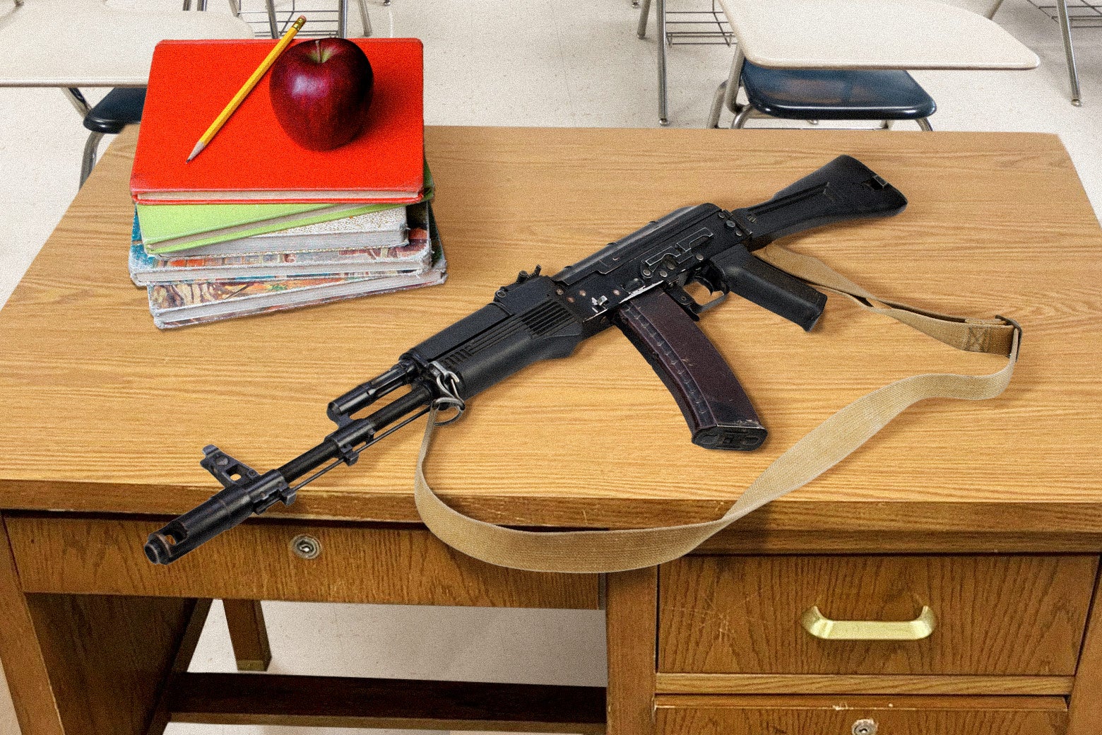 A rifle on a teacher's desk.