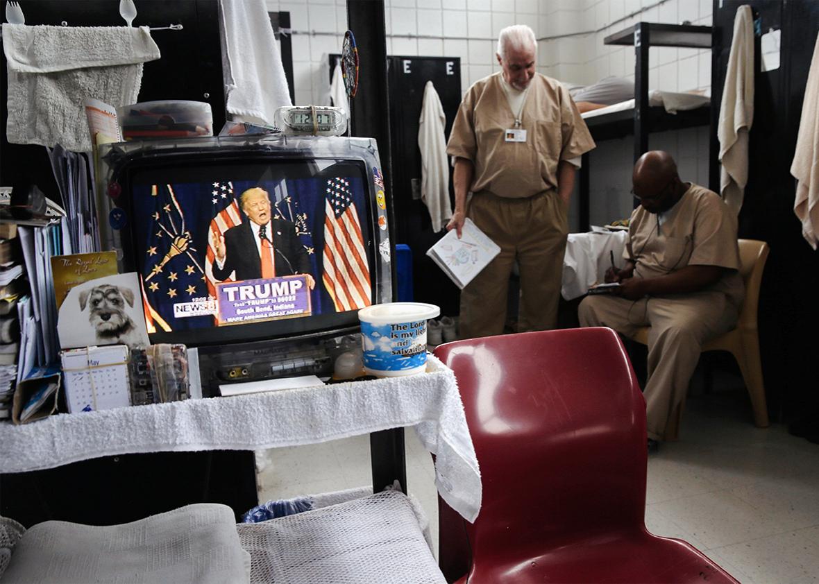 Donald Trump over a prisoner's bunk at the Veterans Unit of the Cybulski Rehabilitation Center on May 3, 2016 in Enfield, Connecticut. 