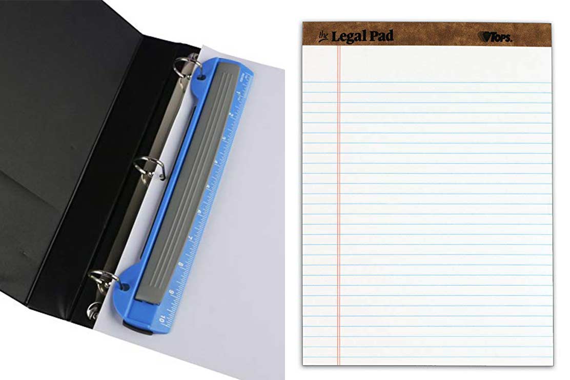 3 hole punch and legal pad of paper.