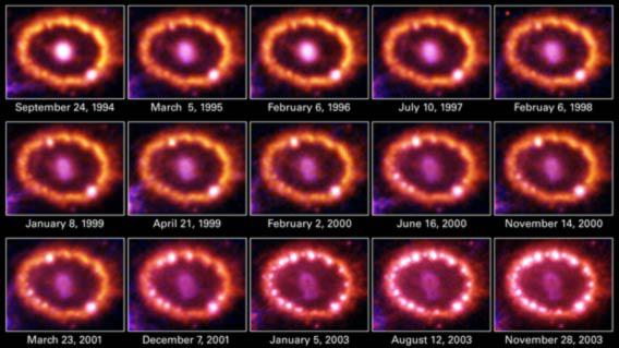 Hubble observations of the expanding SN1987A debris.