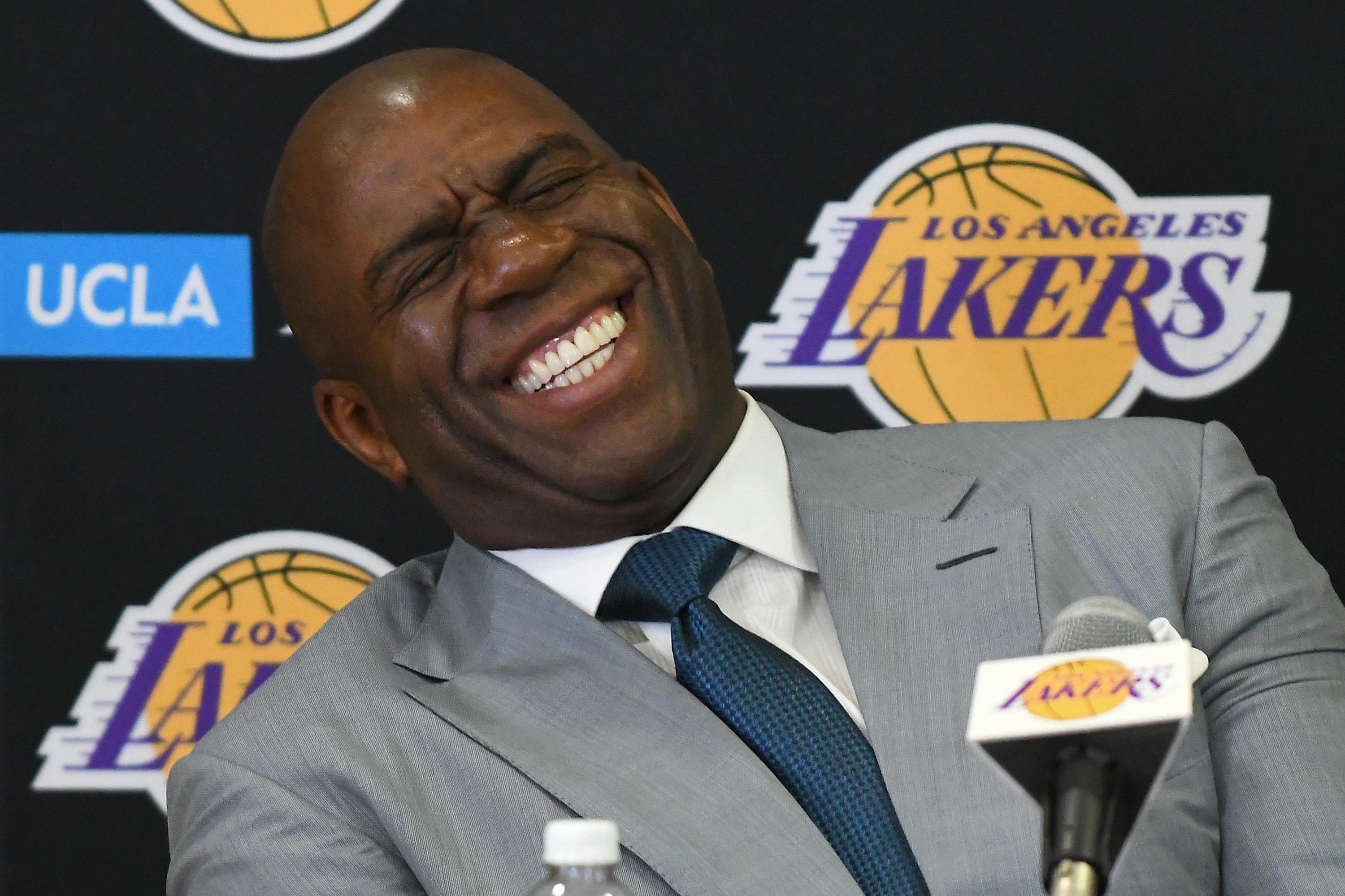 LOS ANGELES, CA - JUNE 23:  Magic Johnson, president of basketball operations of the Los Angeles Lakers shares a laugh with the media during a press conference on June 23, 2017 at the team training faculity in Los Angeles, California.  (Photo by Jayne Kamin-Oncea/Getty Images)