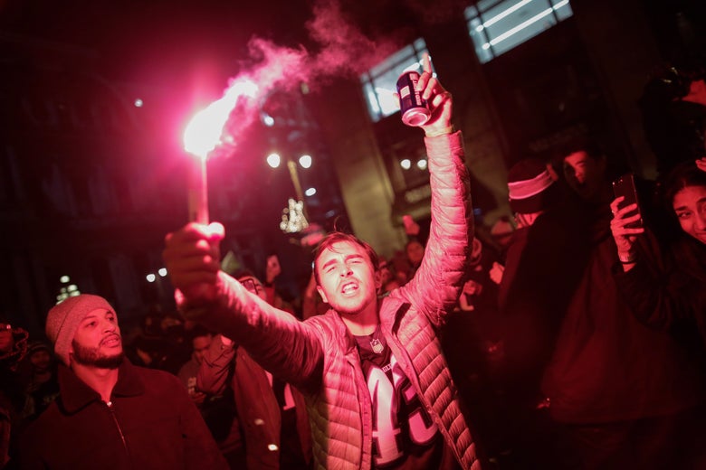 Eagles fans celebrate their victory in Super Bowl LII against the New England Patriots on Sunday night in Philadelphia, Pennsylvania.
